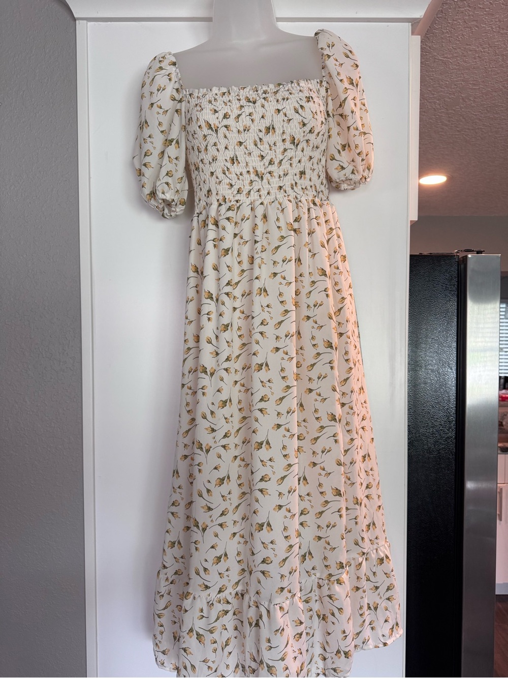 Sunday Up Cream Midi Dress with Yellow Botanical Print